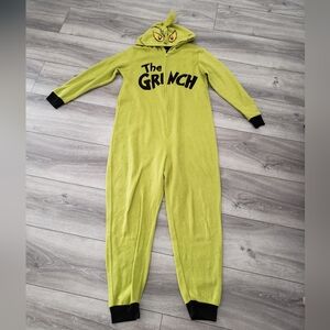THE GRINCH MEN'S ONE PIECE PAJAMA & HOOD Union Suit LARGE Fur Fleece Christmas